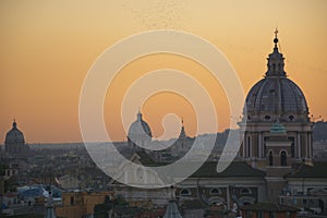 Panorama of Rome from Pincian Hill at sunset, Villa Borghese. Domes and roof tops of eternal city