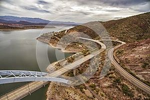 Panorama of Roosevelt lake and bridge, Arizona