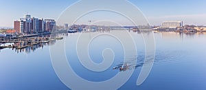 Panorama of a rowing boat at the Ems-Jade-Kanal in Wilhelmshaven