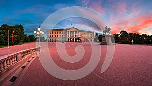 Panorama of the Royal Palace and Statue of King Karl Johan at Sunrise, Oslo, Norway photo