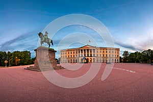 Panorama of the Royal Palace and Statue of King Karl Johan at Sunrise, Oslo, Norway photo