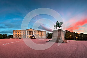 Panorama of the Royal Palace and Statue of King Karl Johan at Sunrise, Oslo, Norway photo