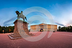 Panorama of the Royal Palace and Statue of King Karl Johan at Sunrise, Oslo, Norway photo