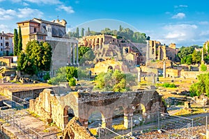 Panorama of the ruins of an ancient Roman forum.