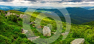 Panorama of Runa mountain with boulders on hills photo