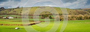 Panorama of rural Dorset nearby the Cerne Abbas village, view of the famous hill figure known as The Cerne Abbas Giant