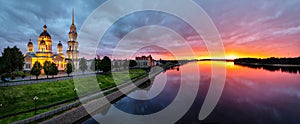 Panorama of Rybinsk on sunset with Volga river