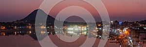 Panorama of Sacred Puskhar lake (Sagar) and ghats of town Pushk