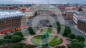 Panorama of Saint Isaac's Square from Saint Isaac's Cathedral in the summer timelapse. St Petersburg. Russia.