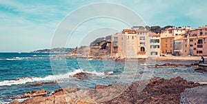 Panorama of Saint Tropez, Cote d'Azur, France, South Europe. Nice city and luxury resort of French riviera. Famous tourist