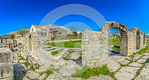 Panorama of Salona old ruins in Dalmatia region, Croatia.