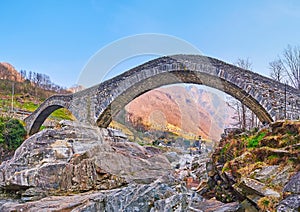 Panorama of Salt Bridge and sunny Pizzo di Vogorno mount, Lavertezzo, Valle Verzasca, Switzerland