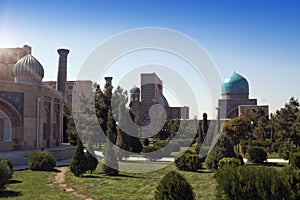 Panorama of Samarkand, Uzbekistan. Parks and pedestrian streets are visible. 15th century Bibi Khanym historical complex