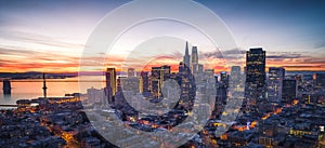 Panorama of the San Francisco skyline with brilliant sunrise