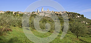 Panorama of the San Gimignano city, solar September morning. Tuscany, Italy