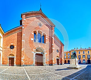 Panorama of San Pietro Martire square with facade of same named church and monument to Mose Bianchi, Monza, Italy photo