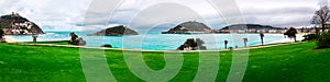 Panorama of San Sebastian bay from Miramar gardens in Basque Country, Spain