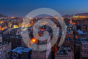 Panorama of Sanaa at night, Yemen