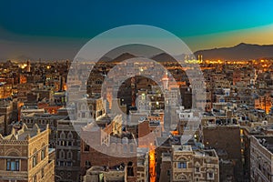 Panorama of Sanaa at night, Yemen