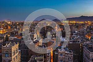 Panorama of Sanaa at night, Yemen