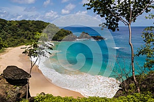 Panorama of Sancho beach in Fernando de Noronha, state of Pernambuco, Brazil, considered one of the most beautiful beaches in Braz