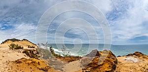 Panorama of Sand Dune at Carlo Sand Blow and Rocks of Rainbow Beach, Queensland, Australia