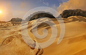 Panorama of sand dunes Sahara Desert at sunset