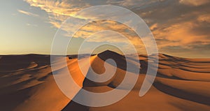 Panorama of sand dunes Sahara Desert at sunset. Endless dunes of yellow sand. Desert landscape Waves sand nature