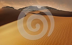 Panorama of sand dunes Sahara Desert at sunset. Endless dunes of yellow sand. Desert landscape Waves sand nature