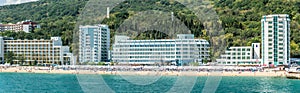 Panorama of sandy beach of Black Sea resort coast in Bulgaria