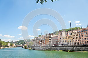 Panorama of Saone river and the Quais de Saone riverbank and riverside in the city center of Lyon, next to Colline de Fourviere