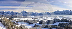 Panorama scene in Bavaria with alps mountains at winter