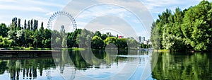 Panorama scene of downtown Moscow with Green park, attractions and lake