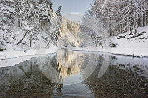 Panorama scene with ice and snow at river in Bavaria, Germany