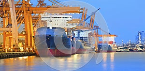 panorama scene of ship yard with heavy crane in beautiful twilight use for import export industry and international world trading