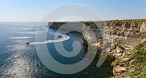 Panorama of the sea and rocky coast. Cape Tarkhankut in Crimea