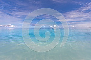 Panorama of sea waves on the background. Sunny ocean bay, peaceful calmness