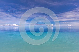 Panorama of sea waves on the background. Sunny ocean bay, peaceful calmness