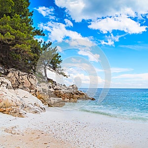 Panorama of seascape with greek Saliara aka Marble Beach, Thassos Island, Greece