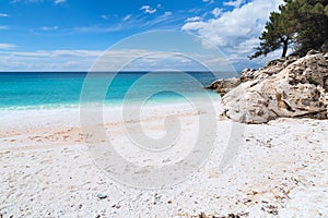 Panorama of seascape with greek Saliara aka Marble Beach, Thassos Island, Greece photo