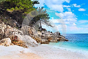 Panorama of seascape with greek Saliara aka Marble Beach, Thassos Island, Greece