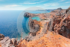 Panorama of the secret beach in Lindos city from the Acropolis, Rhodes island, Greece