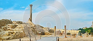 Panorama of Serapeum with Pompey`s Pillar, Alexandria, Egypt