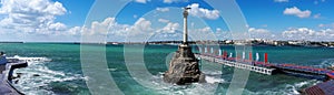 Panorama of the Sevastopol Bay with the Monument to the Scuttled Ships during a small storm, Black Sea, Crimea