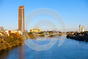 Panorama of Seville city with river and skyscraper