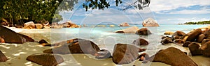 Panorama Seychelles lagoon sunlight beach sea horizontal background