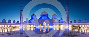 Panorama of Sheikh Zayed Grand Mosque in Abu Dhabi near Dubai at night, UAE