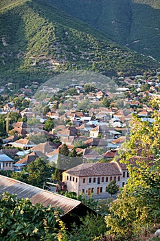 Panorama of Sheki city in the mountains, Azerbaijan