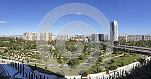 Panorama shot of the park Jardin del Turia Tram XIII in Valencia, Spain