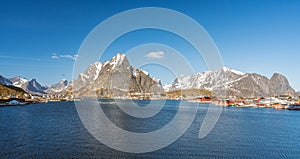 Panorama shot of Reine village in Lofoten, Norway.